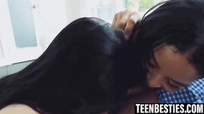 Two naughty teen besties share lucky dude's big dick
