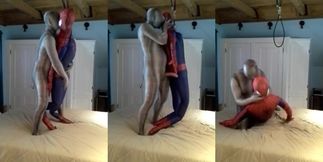 Zentai croc wrecks dummy spiderman till it gushes cum