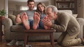 Old Cuckold Husband Kisses & Worships Young Couple's Feet Foot Humiliation