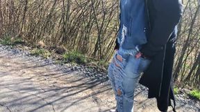 Outdoor play with her pierced and tattooed pussy
