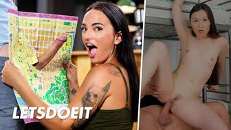 Brunettes with big tits ride thick cocks in hostel hookups