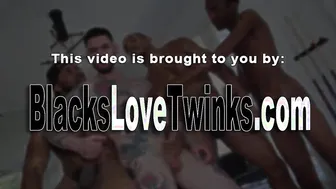 Black twunk blows and jerks in interracial fourway until he cums
