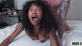 Ebony bitch going completely crazy for white dick and loves cum