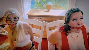 No Way Out For Two Roommates Bound & Gagged By Home Intruder (1080p) - Celia Ray & Phoenix Sinz - two girl, tape bondage, bra, panties, barefoot, chair tied, ballgagged, drooling