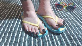 Lemon blue flip flops super long nails