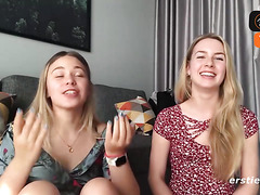POV of 2 platinum-blonde fledgling honeys doing snatch tonguing together