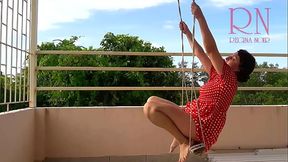 Cute housewife has fun without panties on the swing. Slut swings and shows her perfect pussy. Slow Motion. c1