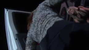 Two blonde club stripper having wild lesbian sex in a limo