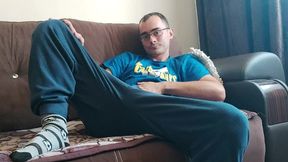 nerd with huge cock masturbates after college and cums hard
