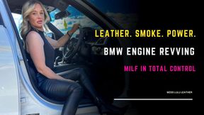 British MILF in Leather Jeans Revs BMW While Smoking: Door Open Tease with Ankle Boots & Engine Roar in Sensual Accent
