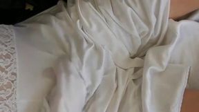 White nylon slip wank & cum