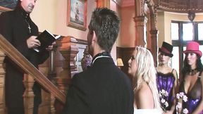 Bride and friends gang bang in wedding window