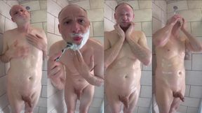 Jonathan shaves his face, chest, soft uncut cock and balls smooth in the shower gets soapy and washes his nude body