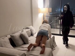 A masked stranger ties me by the neck and makes me suck her thong-on