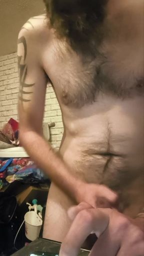 Big Dick Wanking and Smoking Topless