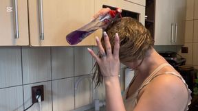 Hair Wash with Dishwasher Liquid in Kitchen Sink