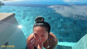Asian GF gives deepthroat blowjob by infinity pool