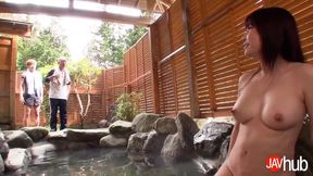 Hairy and natural-titted Asian Haruka Aizawa gets a double blowjob and
