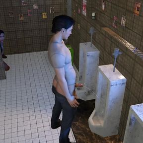 Two Girls Stalk a Guy in the Bathroom for a Threesome