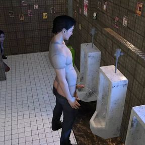 Two Girls Stalk a Guy in the Bathroom for a Threesome