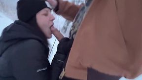 Busty girl gets fucked out in a cold, warming up inside later also