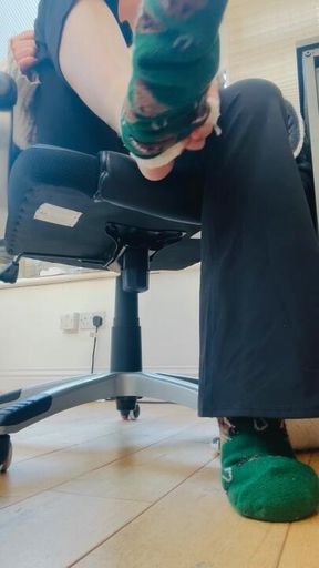 POV your under my desk and I take my sock off for a second
