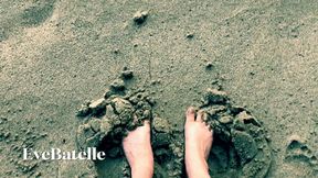 Bare Feet Drawing With & Squishing Toes Into Sand