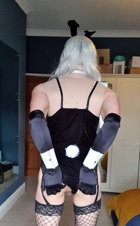 Blonde Bunny - Satin opera gloves, fishnet stockings, heels and suspenders