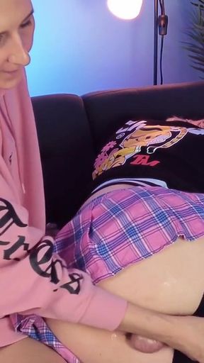 Girl & Femboy Twink - Handjob with epic cumshot