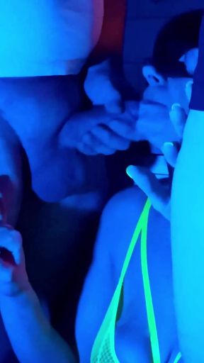 Wife Sucks 2 Cocks in Neon Light. Threesome. Full Scene. Ep 4621