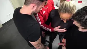 Hot German MILF takes on three lucky guys in public spit roast