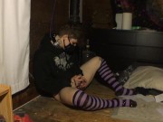 leashed femboy in chastity plays with vibrator