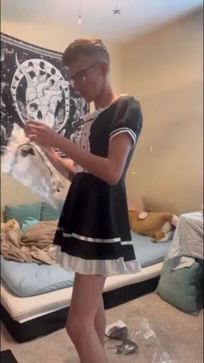 Cute Femboy Maid Self Chokes Jerking Big Dick Cum Explosion
