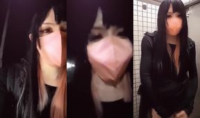 Japanese ladyboy masturbates in public toilet while filming