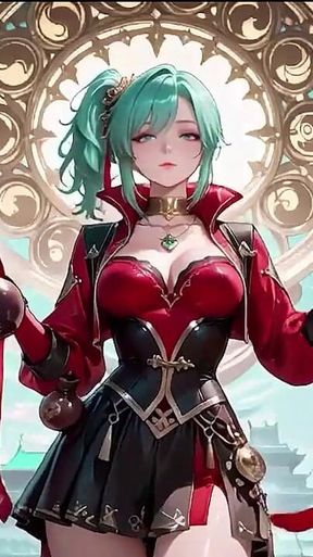 The Red-clad Blade's Private Tease! Green-haired Warrior in a Black-red Battle Robe, Commanding yet Shy on the Floating Terrace.