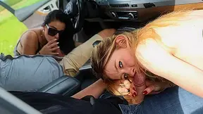 Brunette & blonde Darlings sloppy blowjobs, pounded doggy outdoors at Swhores
