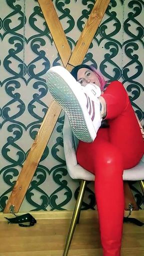 Lady Angela Bare Feet and Sneakers Red Latex Leggings Fetish Femdom