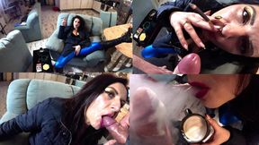 Smoking Blowjob, Cameltoe Tease &amp; Double Cum on My Downjacket