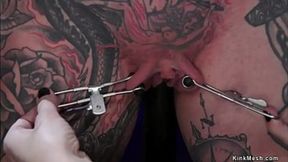 Dark brunette dominant in leather binds and spanks submissive lover before deepthroating her with strapon