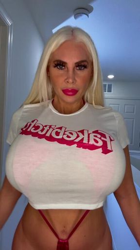 Stripping out of my fake. Bitch top and pink monokini