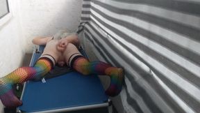 Caged Sissy Plays With Her Dildo On Public Balcony