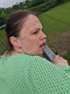 German milf fucks outside in a castle and gets a creampie in her pussy