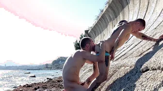 Older stud barebacks young twink on nude beach and cums inside him