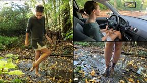 Nicky walks barefoot in the ankle deep mud