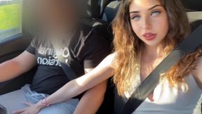 Blue-eyed harlot with big ass fucks in car and begs for more