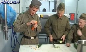 Trio ash-blonde Military masculines In Army Kitchen On Table sans a condom fuckin' And devouring Using Carrot