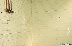 Slim babe showers then fucks machine