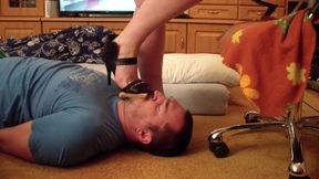 Slave play with high heeled sandals and bare foot