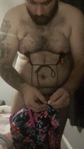 Cock and Ball Bondage with Crossdress and Butt Plug Inside