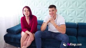 Redhead babe gets gang-banged by stranger while clueless hubby looks on helpless